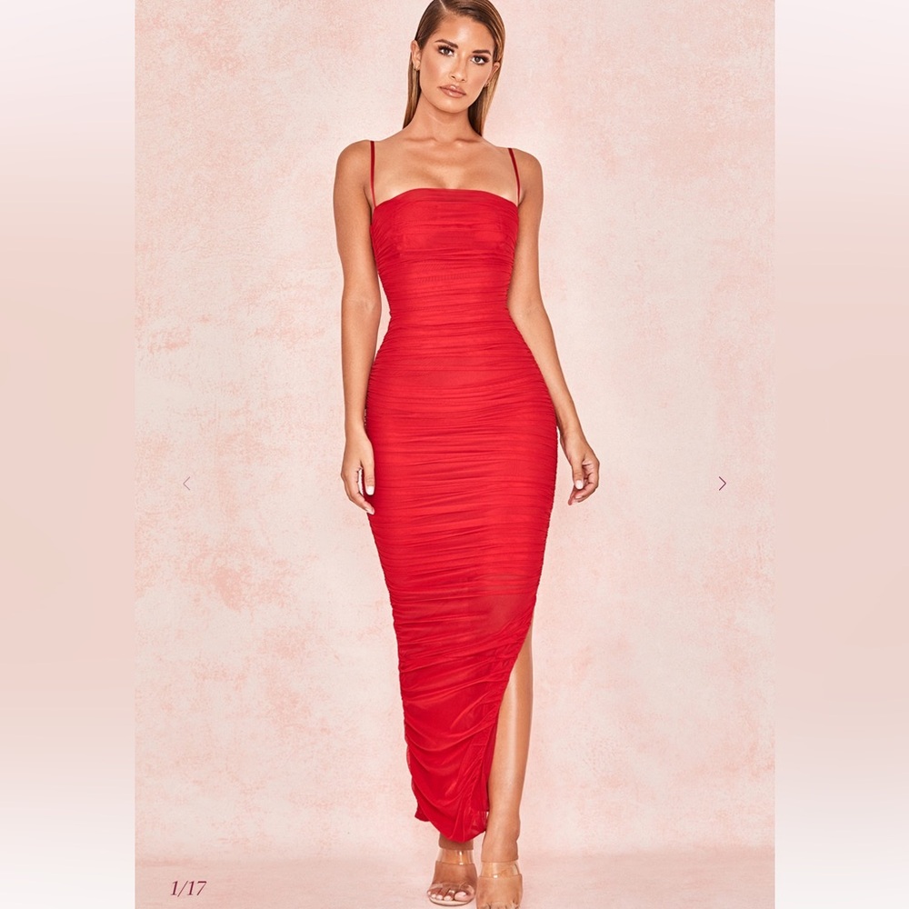 House of CB Red Ruched Maxi Dress with Spaghetti Straps